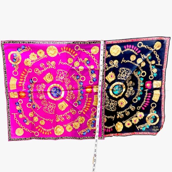 2 New Large Celine Paris Handker/Mini Scarf 20"Cotton Pink Black Gold Chain(51 - Picture 13 of 16